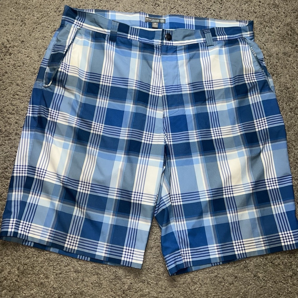 Peter Millar Crown Sport Shorts Mens 35 Blue/White Plaid Active Stretch Golf EUC